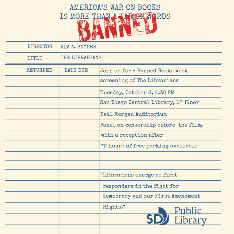 Stylized to look like a vintage library checkout card. There is azure lettering on a light orange background that states “America’s war on books is more than a war on words.” Below that there is red lettering stylized to look like a stamp stating “Banned.” At the top left there is azure lettering that states “director Kim A. Snyder” and “Title the Librarians.” Below that, there is azure lettering stating “returned” and “date due.” To the right of the image, there is vertical azure lettering stating “Join us