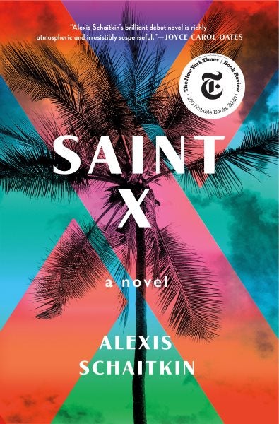The book cover features a photograph of a palm tree against a rainbow-colored sky. A translucent red, orange, and pink letter ‘X’ is centered over the tree.