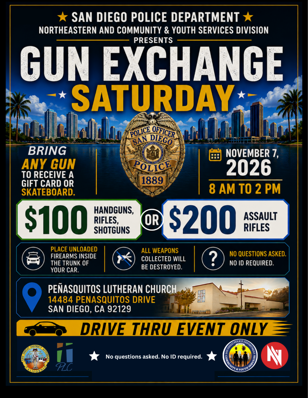 The San Diego Police Department’s Northeastern Division and Community & Youth Services Division will be hosting an upcoming Gun Exchange Event.