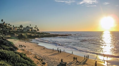 Beachgoers enjoying a sunset at Sunset Cliffs beach