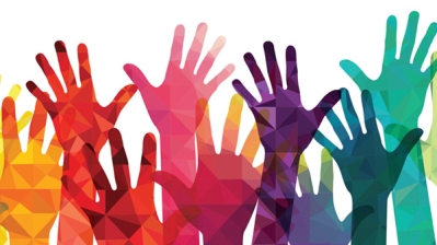 Multi-color silhouettes of raised hands