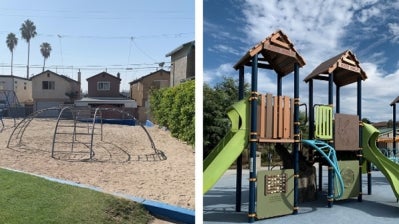 Photo of old metal playground next to photo of new composite playground