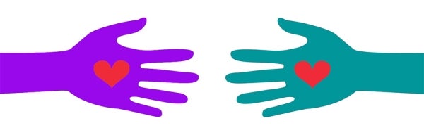 A purple and a turquoise hand reach out to each other. Each hand has a red heart in its palm.