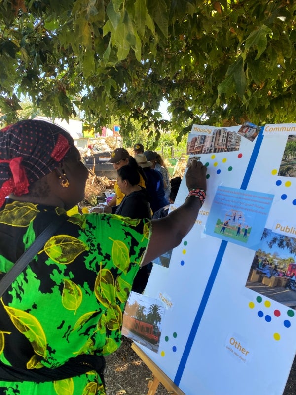 Person wearing a bright green dress places a sticker onto a visual preference survey. The board has photos and colorful circle stickers under each photo.