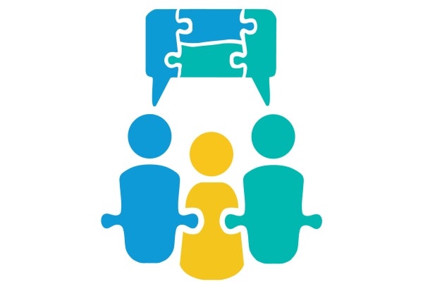 Blue teal and yellow people with a puzzle speech bubble above them
