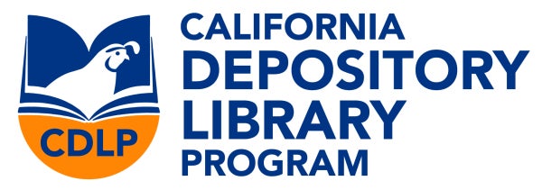Clipart of a white quail between the pages of a navy book with a dark yellow half circle below with "CDLP" in navy. To the right of the logo, "California Depositary Library Program" in navy