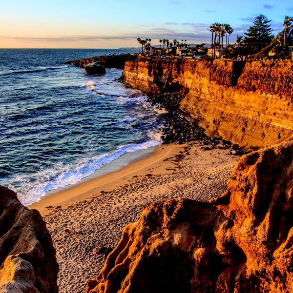 Sunset Cliffs Seawall at sunset.