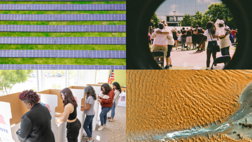 collage of four images representing public health, civic engagement, climate mitigation and social justice.