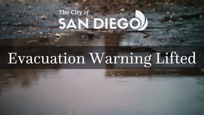 puddle of water with text over it with the city of san diego logo and Evacuation warning lifted