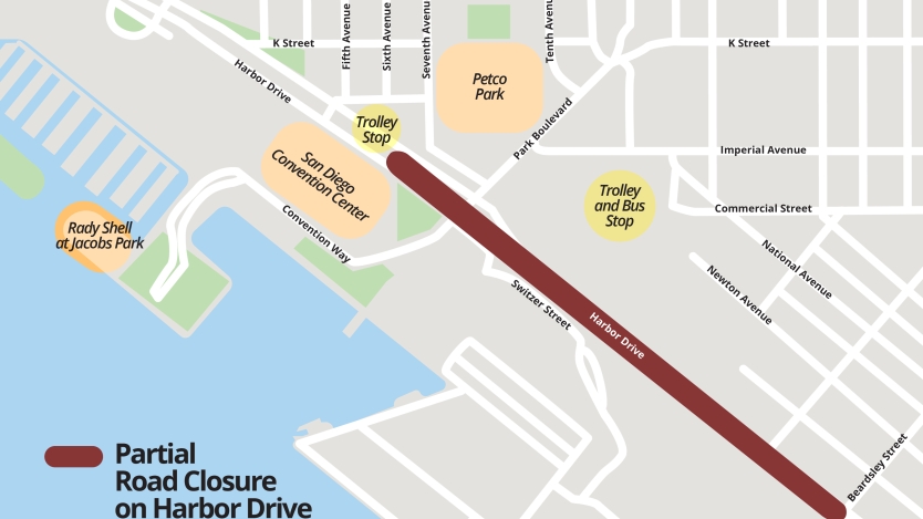 a map of harbor drive with construction zone highlighted