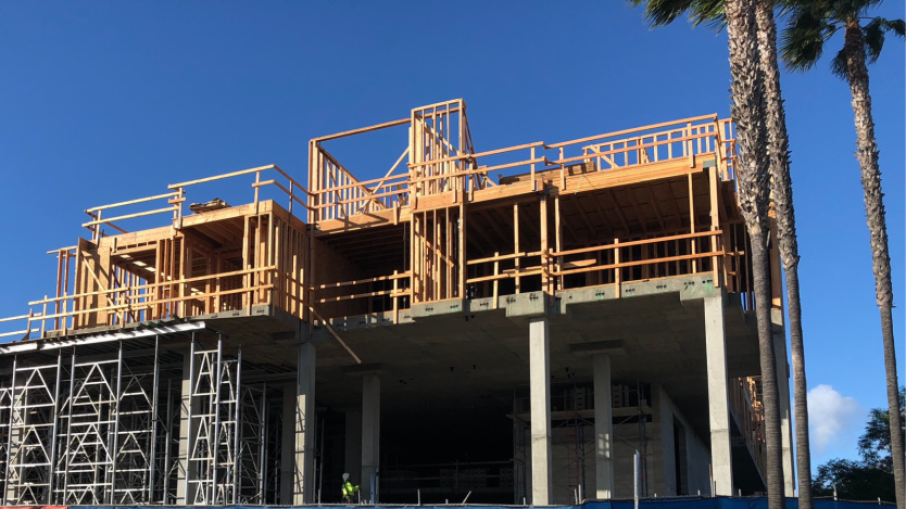 front view of the frame of a new building next to three palm trees