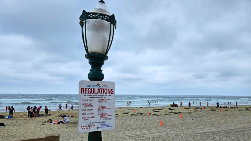 a lamp post with safety regulation on the sign in front of a beach