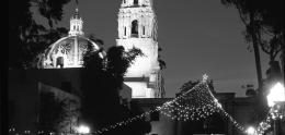 Balboa Park California Tower at night with Christmas Lights&#44; 1969 