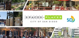 Collage of public spaces used as dining places or for art installations