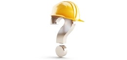 A question mark wearing a yellow hard hat. 