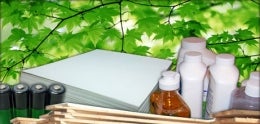 Photo Collage of wood, paper, batteries, and liquids