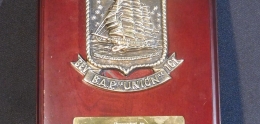 Cherrywood Plaque with Brass Ship Design from Marina De Guerra Del Peru B.A.P. Union