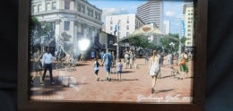 Framed&#44; light up&#44; color photograph of citizens in front of Historic Gaslamp arched sign from year 2019