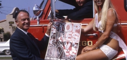 Chief Bell and1969 Miss Flame Promoting Fire Prevention Week