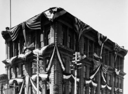 San Diego City Hall with flags and bunting, 1912