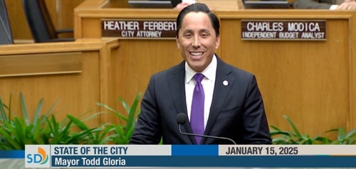Mayor Todd Gloria presenting the 2025 State of the City at City Council chambers.