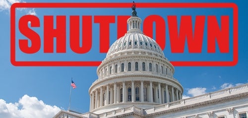 U.S. Capitol building overlayed on the word "shutdown"
