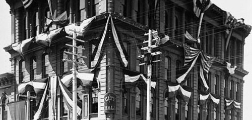Old City Hall with Flags and Bunting, 664 Fifth Avenue at G