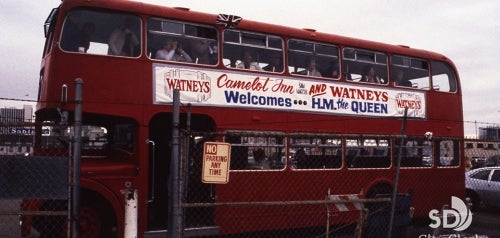 British Bus Greeting Queen Elizabeth at the Embarcadero