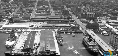 1935 Aerial View of Downtown and Ships docked in San Diego Bay