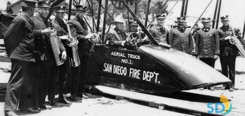 SDFD Aerial Truck, Chief Louis Almgren and Aviator Ovar Meyerhoffer