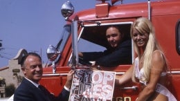 Chief Bell and1969 Miss Flame Promoting Fire Prevention Week