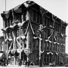 San Diego City Hall with flags and bunting, 1912