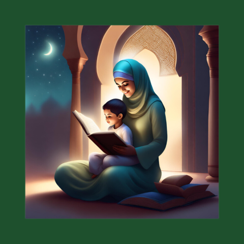 A Muslim woman reads a brown covered book to a small child sitting in her lap. They’re seated on cushions just outside of a door entrance with stars surrounding a crescent moon in the distant background.