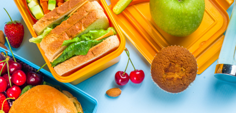 Lunch items in box surrounded by cherries, apple, and muffin