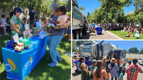adults and kids attending storytime. Reading books and watching a live demonstration of a recycling bin getting picked up by trash talk