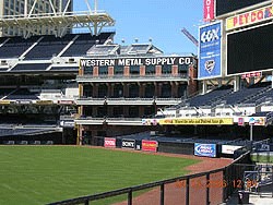 A picture of the Western Metal Supply Company Building from inside Petco Park.